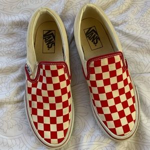 Red checkered vans slip on